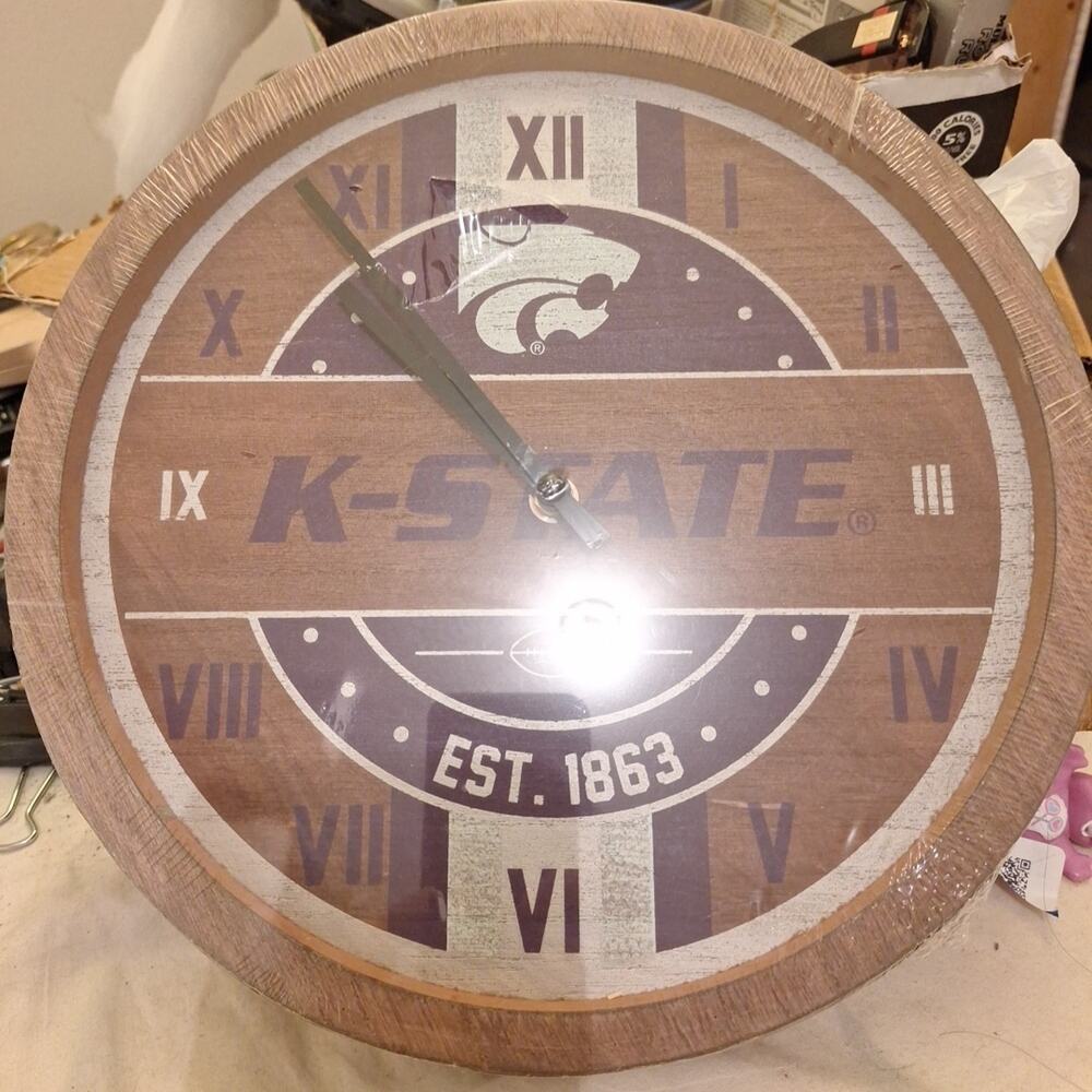 New Sealed Kansas State Wildcats Wood Wall Clock 11.5" FOCO Team Beans